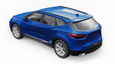 Beyaz izole edilmiş arka planda yaşayan genç insanlar ve aileler için akılda kalıcı bir tasarımı olan mavi ultra modern SUV. 3d illüstrasyon