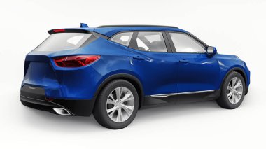 Beyaz izole edilmiş arka planda yaşayan genç insanlar ve aileler için akılda kalıcı bir tasarımı olan mavi ultra modern SUV. 3d illüstrasyon