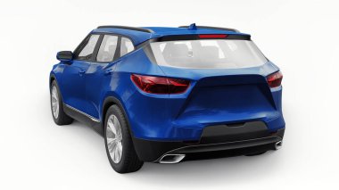 Beyaz izole edilmiş arka planda yaşayan genç insanlar ve aileler için akılda kalıcı bir tasarımı olan mavi ultra modern SUV. 3d illüstrasyon
