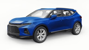 Beyaz izole edilmiş arka planda yaşayan genç insanlar ve aileler için akılda kalıcı bir tasarımı olan mavi ultra modern SUV. 3d illüstrasyon