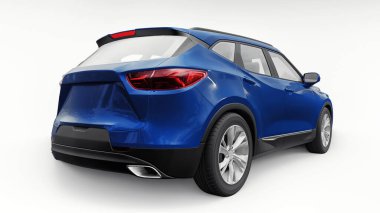 Beyaz izole edilmiş arka planda yaşayan genç insanlar ve aileler için akılda kalıcı bir tasarımı olan mavi ultra modern SUV. 3d illüstrasyon