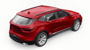 Kırmızı ultra modern SUV, beyaz izole edilmiş arka planda yaşayan gençler ve aileler için akılda kalıcı bir tasarımı var. 3d illüstrasyon