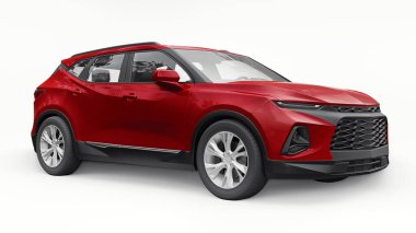 Kırmızı ultra modern SUV, beyaz izole edilmiş arka planda yaşayan gençler ve aileler için akılda kalıcı bir tasarımı var. 3d illüstrasyon