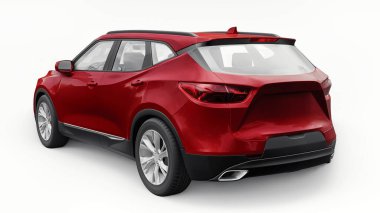 Kırmızı ultra modern SUV, beyaz izole edilmiş arka planda yaşayan gençler ve aileler için akılda kalıcı bir tasarımı var. 3d illüstrasyon