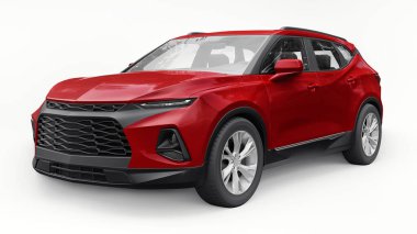 Kırmızı ultra modern SUV, beyaz izole edilmiş arka planda yaşayan gençler ve aileler için akılda kalıcı bir tasarımı var. 3d illüstrasyon