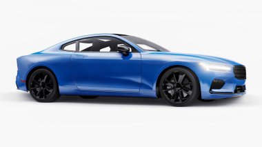 Concept car sports premium coupe. Blue car on white background. Plug-in hybrid. Technologies of eco-friendly transport. 3d rendering