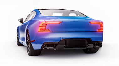 Concept car sports premium coupe. Blue car on white background. Plug-in hybrid. Technologies of eco-friendly transport. 3d rendering