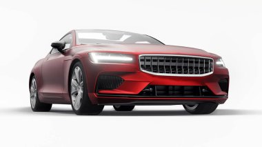 Konsept spor premium coupe. Eklenti hibrit. Çevre dostu ulaşım teknolojileri. Kırmızı araba beyaz arka planda. 3d oluşturma