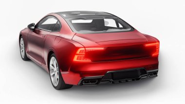 Konsept spor premium coupe. Eklenti hibrit. Çevre dostu ulaşım teknolojileri. Kırmızı araba beyaz arka planda. 3d oluşturma