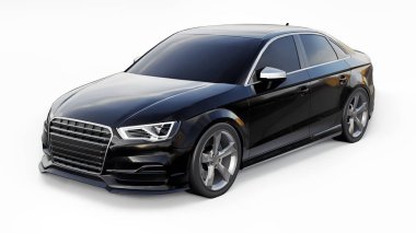 Süper hızlı spor araba beyaz arka planda siyah metalik renkte. Vücut biçimli sedan. Akort sıradan bir aile arabasının bir versiyonu. 3d oluşturma