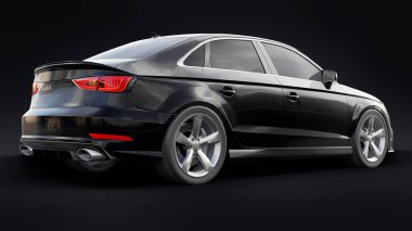 Siyah arka planda süper hızlı spor araba siyah metalik. Vücut biçimli sedan. Akort sıradan bir aile arabasının bir versiyonu. 3d oluşturma