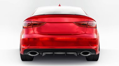 Beyaz arka planda kırmızı metalik süper hızlı spor araba. Vücut biçimli sedan. Akort sıradan bir aile arabasının bir versiyonu. 3d oluşturma