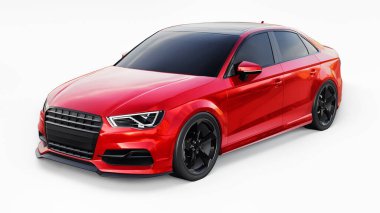 Beyaz arka planda kırmızı metalik süper hızlı spor araba. Vücut biçimli sedan. Akort sıradan bir aile arabasının bir versiyonu. 3d oluşturma