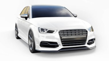 Beyaz arka planda süper hızlı spor araba beyaz renk. Vücut biçimli sedan. Akort sıradan bir aile arabasının bir versiyonu. 3d oluşturma