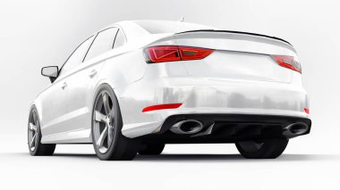 Beyaz arka planda süper hızlı spor araba beyaz renk. Vücut biçimli sedan. Akort sıradan bir aile arabasının bir versiyonu. 3d oluşturma