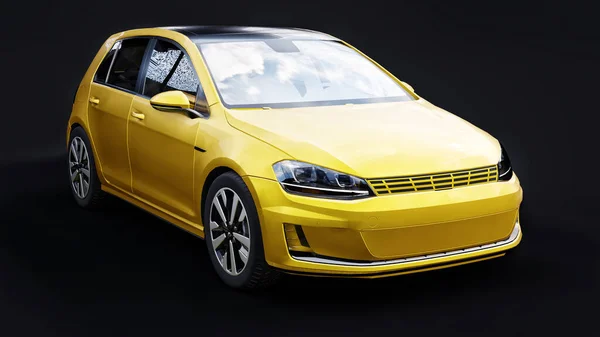 Yellow small family car hatchback on black background. 3d rendering