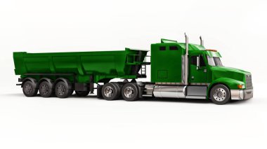 Beyaz arka planda kargo taşımak için karavan tipi çöp kamyonu olan büyük yeşil bir Amerikan kamyonu. 3d illüstrasyon