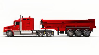 Beyaz arka planda kargo taşımak için karavan tipi bir çöp kamyonu olan büyük kırmızı bir Amerikan kamyonu. 3d illüstrasyon