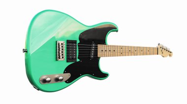 Beyaz izole edilmiş arka planda yeşil ve siyah altı telli elektro gitar. 3d oluşturma