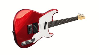 Beyaz izole edilmiş arka planda kırmızı ve beyaz altı telli elektro gitar. 3d oluşturma