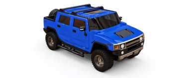 Kırsal bölgeler için büyük mavi bir kamyonet ya da beyaz izole edilmiş arka planda keşif gezileri. 3d illüstrasyon