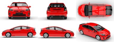 Modern aile hibrit arabasını beyaz arka planda, yerde gölgesi olan kırmızı renge ayarla. 3d oluşturma