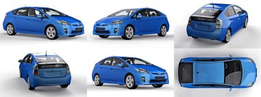 Modern aile hibrit mavi arabasını beyaz arka planda, yerde gölgesi olan bir arkaplanda ayarla. 3d oluşturma