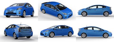 Modern aile hibrit mavi arabasını beyaz arka planda, yerde gölgesi olan bir arkaplanda ayarla. 3d oluşturma