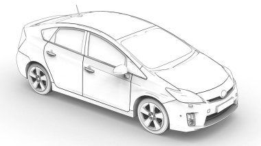 Melez aile arabasının üç boyutlu modeli beyaz arka planda kalem çizimi. 3d oluşturma