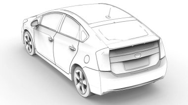 Melez aile arabasının üç boyutlu modeli beyaz arka planda kalem çizimi. 3d oluşturma