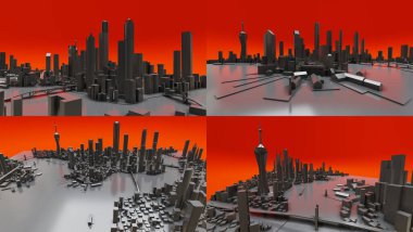 Modern şehrin üç boyutlu manzarasını ayarlayın. Metropolün büyük yerleşim yeri. 3B görüntüleme