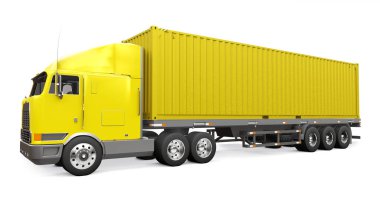 Uyuyan kısmı ve aerodinamik uzantısı olan büyük bir retro sarı kamyon içinde deniz kabı olan bir römork taşır. 3d oluşturma