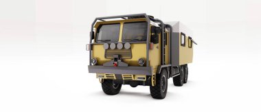 Uzak bölgelerdeki uzun ve zorlu seferler için büyük bir kamyon hazırlandı. Tekerlekli evi olan bir kamyon. 3d illüstrasyon