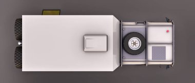 Gri arka planda büyük beyaz bir kamyon, uzak bir bölgede uzun ve zorlu seferler için hazırlandı. Tekerlekli evi olan bir kamyon. 3d illüstrasyon.