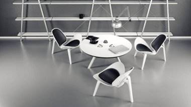 Odanın içi üç sandalye ve bir masa ile modern bir iş tarzında yapılmıştır. Sandalyeler, masa ve raflar beyaz boyalı ahşaptan yapılmış. 3d illüstrasyon