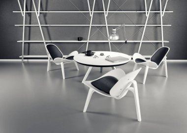 Odanın içi üç sandalye ve bir masa ile modern bir iş tarzında yapılmıştır. Sandalyeler, masa ve raflar beyaz boyalı ahşaptan yapılmış. 3d illüstrasyon