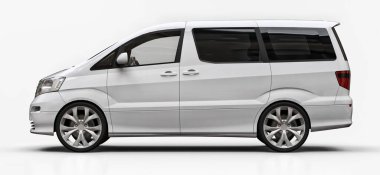 İnsanların taşınması için beyaz, küçük bir minivan. Parlak beyaz bir arka planda üç boyutlu illüstrasyon. 3d oluşturma