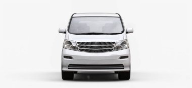 İnsanların taşınması için beyaz, küçük bir minivan. Parlak beyaz bir arka planda üç boyutlu illüstrasyon. 3d oluşturma