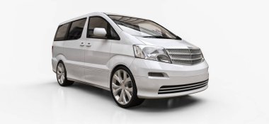 İnsanların taşınması için beyaz, küçük bir minivan. Parlak beyaz bir arka planda üç boyutlu illüstrasyon. 3d oluşturma