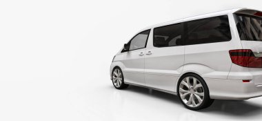 İnsanların taşınması için beyaz, küçük bir minivan. Parlak beyaz bir arka planda üç boyutlu illüstrasyon. 3d oluşturma