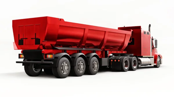 Large red American truck with a trailer type dump truck for transporting bulk cargo on a white background. 3d illustration