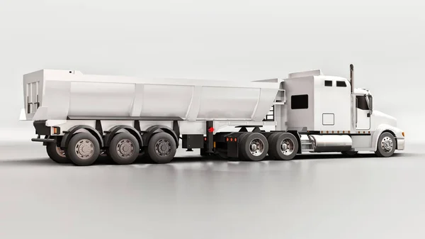 Large white American truck with a trailer type dump truck for transporting bulk cargo on a gray background. 3d illustration