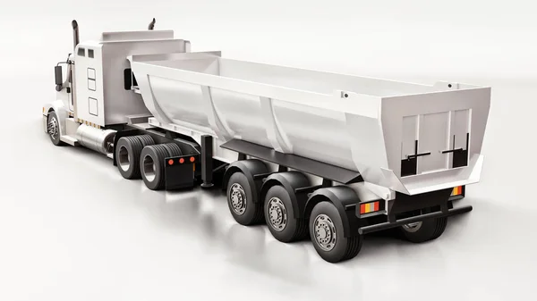 Large white American truck with a trailer type dump truck for transporting bulk cargo on a gray background. 3d illustration