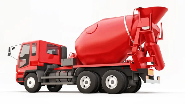 Red concrete mixer truck white background. Three-dimensional illustration of construction equipment. 3d rendering
