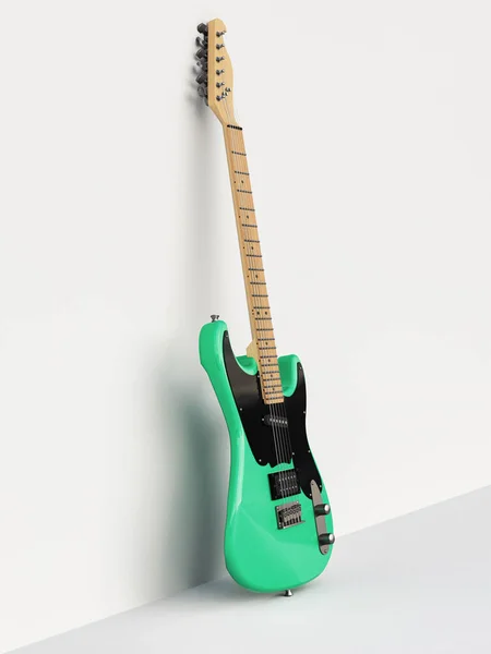 Guitarra Elétrica Verde Preta Seis Cordas Fundo Branco Encostada Parede — Fotografia de Stock