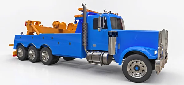 Μπλε Φορτηγό Ρυμούλκησης Φορτίου Για Μεταφορά Άλλων Μεγάλων Φορτηγών Διαφόρων — Φωτογραφία Αρχείου
