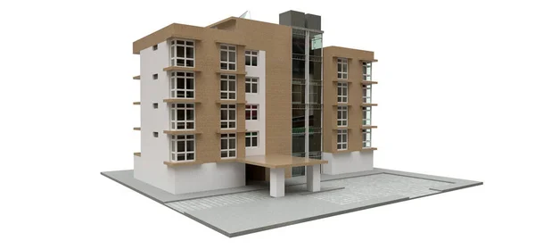 Kleine Weiße Und Beige Eigentumswohnung Mit Aufzug Und Garage Darstellung — Stockfoto