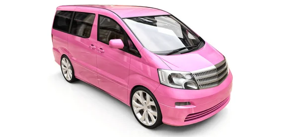 핑크작은 미니밴으로 사람을 광택나는 배경에 삽화가 있습니다 렌더링 — 스톡 사진