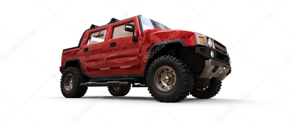 Large red off-road pickup truck for countryside or expeditions on white isolated background. 3d illustration