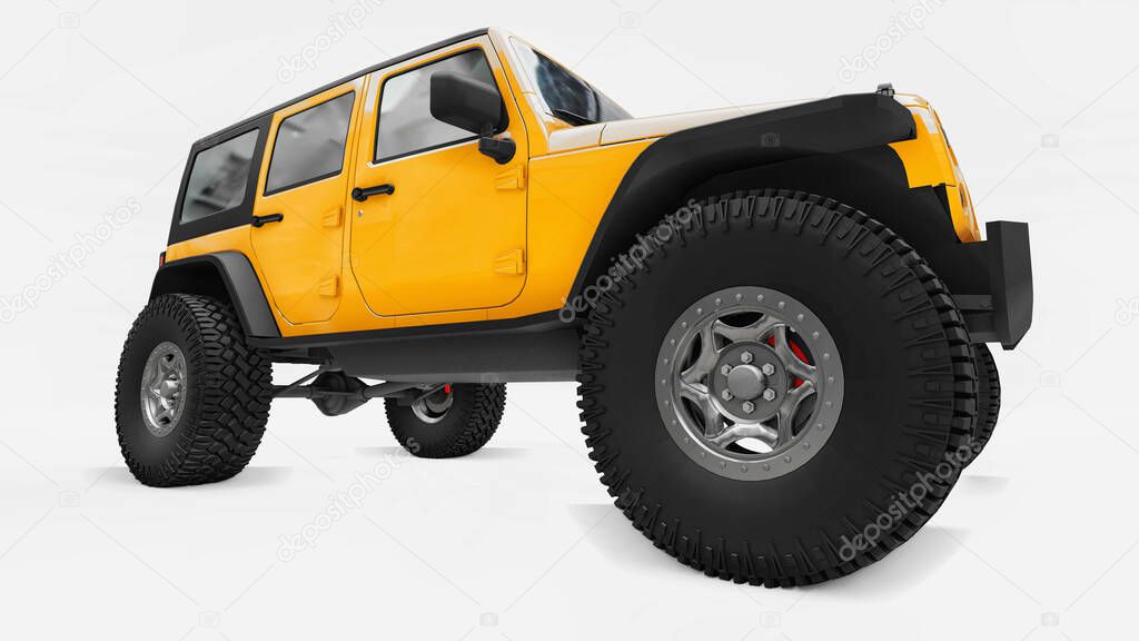 Powerful yellow tuned SUV for expeditions in mountains, swamps, desert and any rough terrain. Big wheels, lift suspension for steep obstacles. 3d rendering